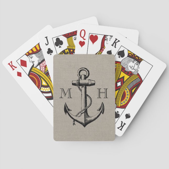 Preppy Vintage Anchor Wedding Monogram Playing Cards (Back)