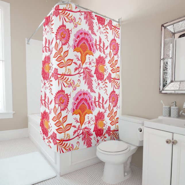 Preppy Vintage Flowers | Pink & Orange Shower Curtain (In Situ)