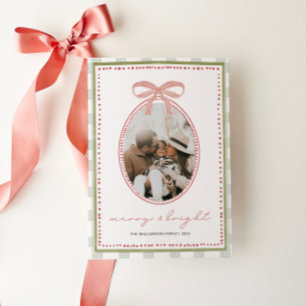 Preppy Vintage Pink Bow Family Photo Christmas Holiday Card