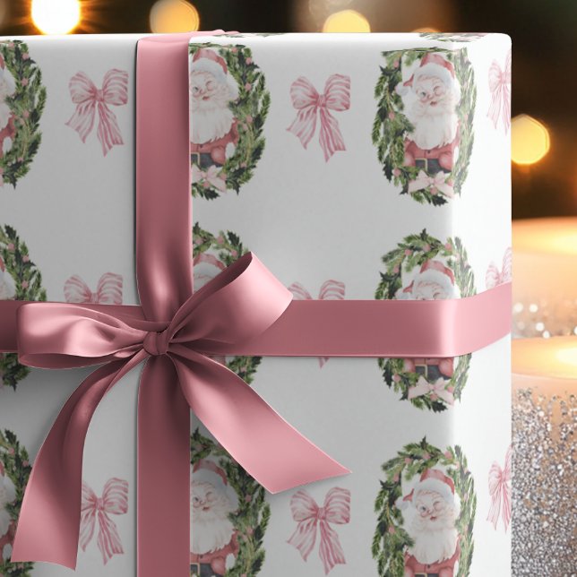 Preppy Vintage Style Santa Christmas Wreaths Wrapping Paper (Creator Uploaded)