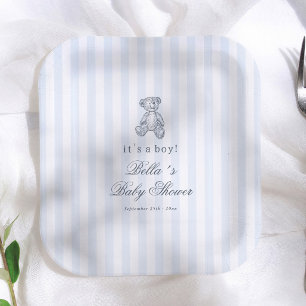 Preppy Vintage Teddy Bear Boy Baby Shower Paper Plate
