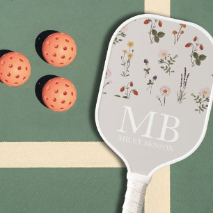 Preppy Vintage Wildflowers Pattern Monogram Pickleball Paddle