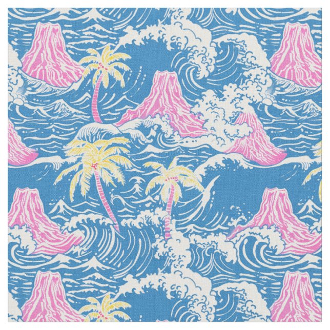 Preppy Volcanoes In Middle Of Ocean Fabric (Close Up)
