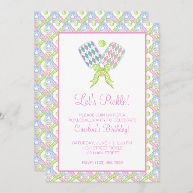 Preppy Watercolor Argyle Pickleball Paddles Invitation (Front/Back)