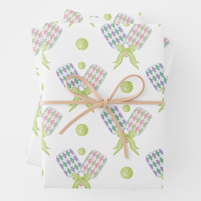 Preppy Watercolor Argyle Pickleball Paddles Wrapping Paper Sheet (In situ)