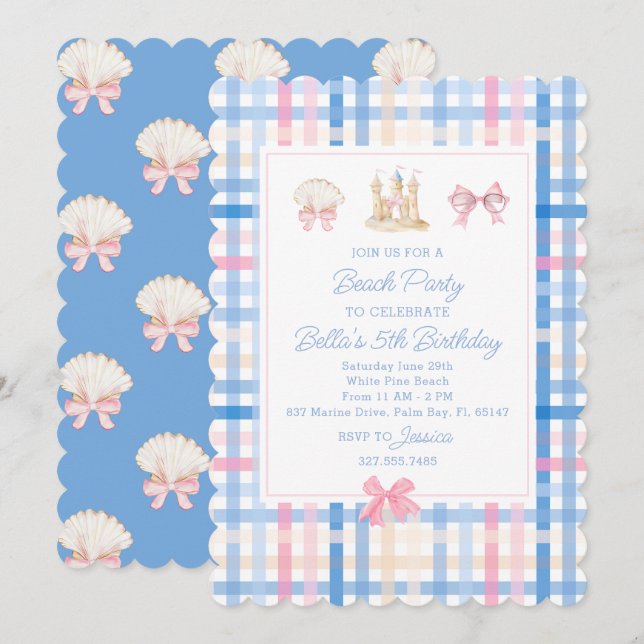 Preppy Watercolor Beach Party  Invitation (Front/Back)