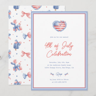 Preppy Watercolor Bows 4th Of July Invitation