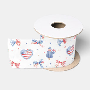 Preppy Watercolor Bows 4th Of July Pattern Satin Ribbon