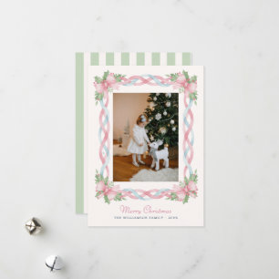 Preppy Watercolor Bows Christmas Photo Holiday Card