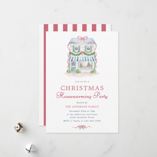Preppy Watercolor Christmas Housewarming Invite (Front/Back In Situ)