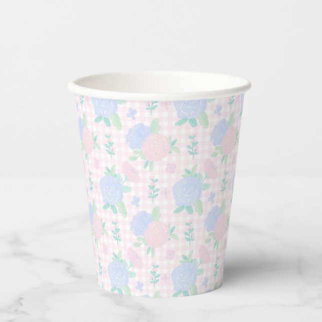 Preppy Watercolor Floral Gingham Birthday Paper Cups (Front)