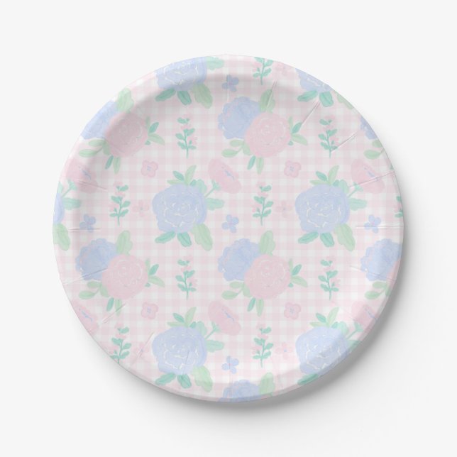 Preppy Watercolor Floral Gingham Birthday  Paper Plate (Front)