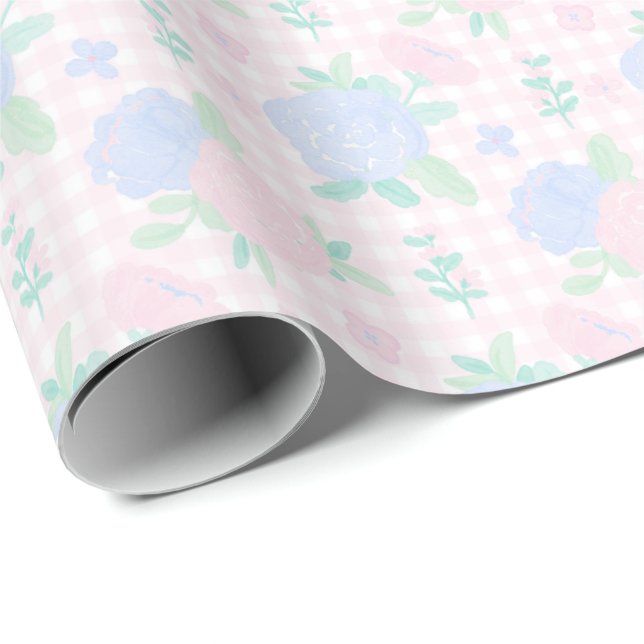 Preppy Watercolor Floral Gingham Birthday Wrapping Paper (Roll Corner)