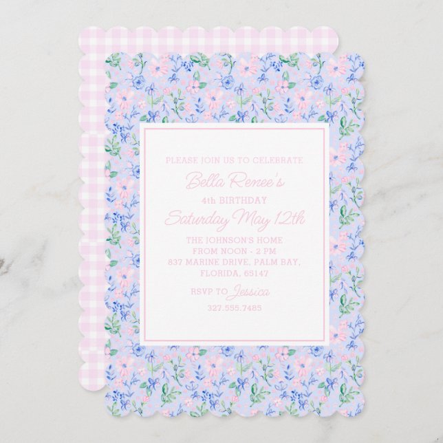 Preppy Watercolor Flowers Editable Invitation (Front/Back)