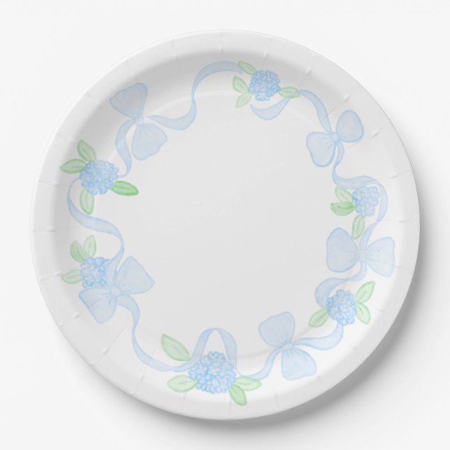 Preppy Watercolor Grandmillennial Hydrangeas Bows Paper Plate (Front)