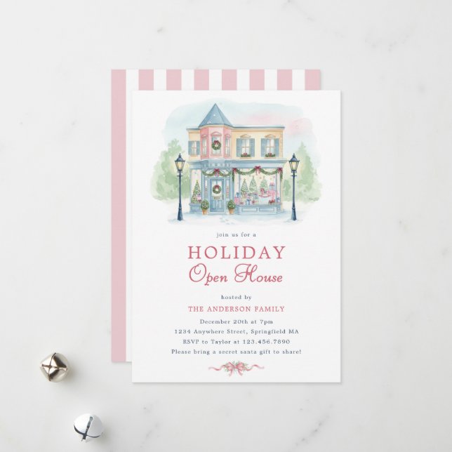 Preppy Watercolor Holiday Open House Invitation (Front/Back In Situ)