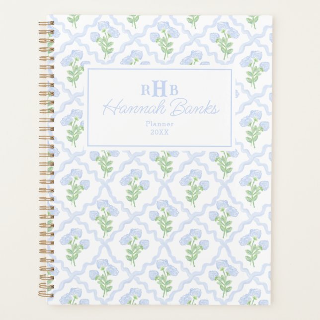 Preppy Watercolor Monogram Hydrangea Bows Planner (Front)