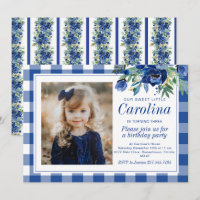 Preppy Watercolor Navy Blue Florals Gingham