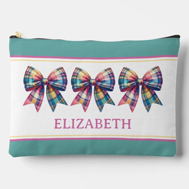 Preppy Watercolor Plaid Bow Personalised Accessory Pouch (Front)