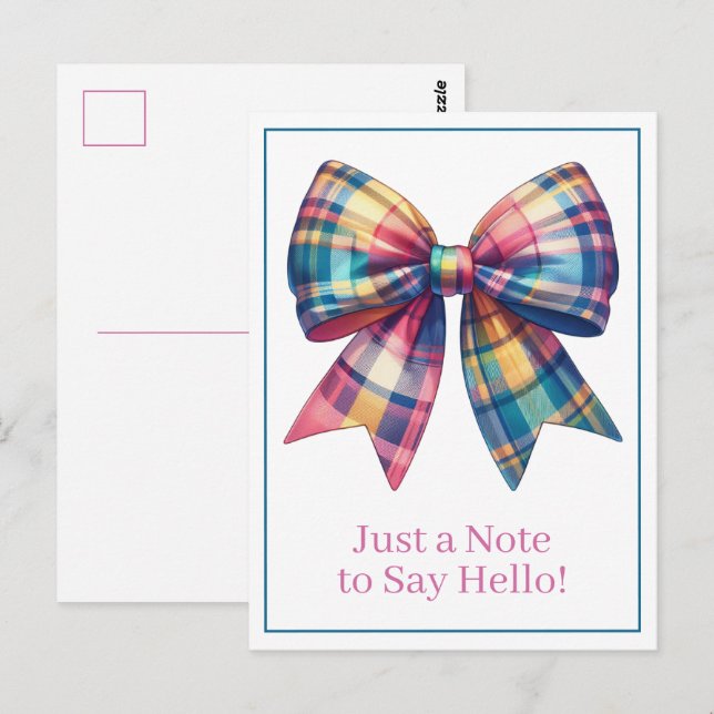 Preppy Watercolor Plaid Bow Personalised Postcard (Front/Back)