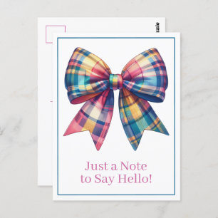 Preppy Watercolor Plaid Bow Personalized Postcard