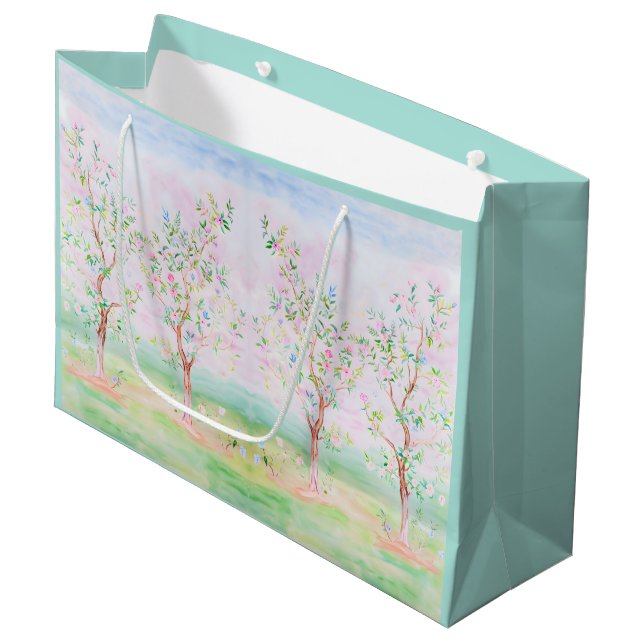 Preppy Watercolor Pretty Chinoiserie Mint Large Gift Bag (Front Angled)