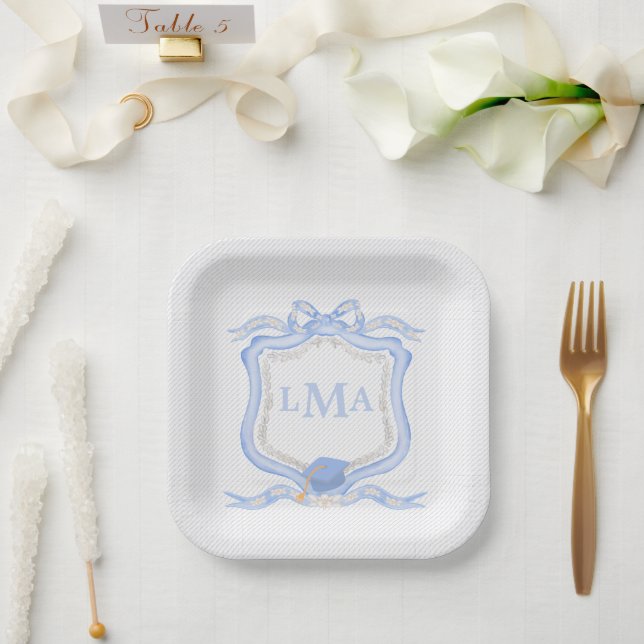 Preppy Wedgewood Monogram Graduation Paper Plate (Wedding)