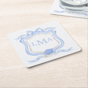 Preppy Wedgewood Monogram Graduation Square Paper Coaster