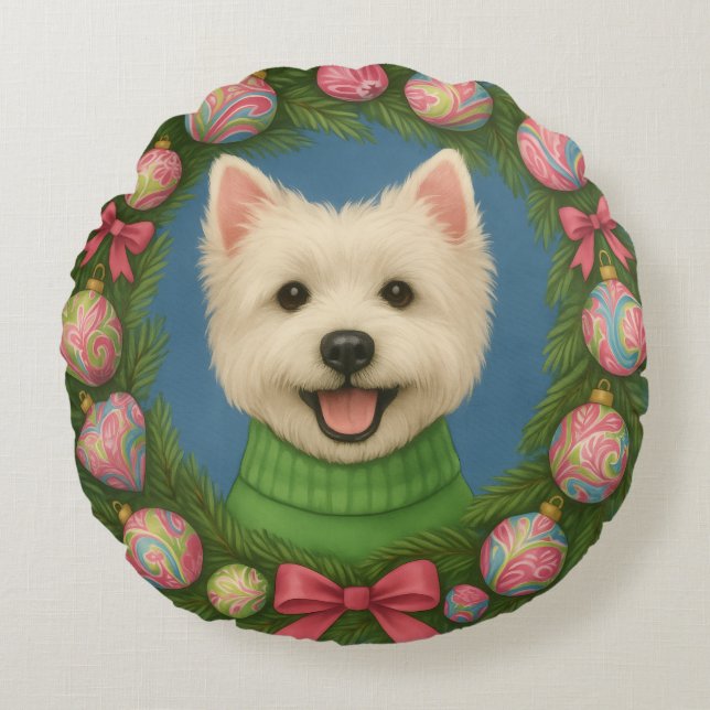 Preppy Westie Round Cushion (Front)