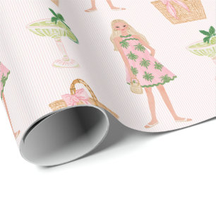 Preppy Whimsical Pink & Green Palm Beach Wrapping Paper