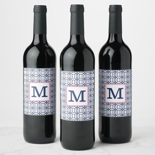 Preppy White Blue Octagon Geometric Monogram  Wine Label (Bottles)