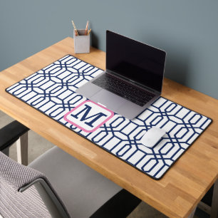 Preppy White Blue Octagon Monogram Initial Desk Mat