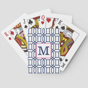 Preppy White Blue Octagon Monogram Initial Playing Cards
