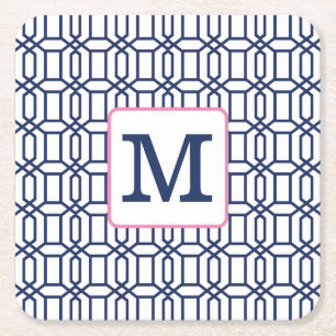 Preppy White Blue Octagon Monogram Square Paper Coaster