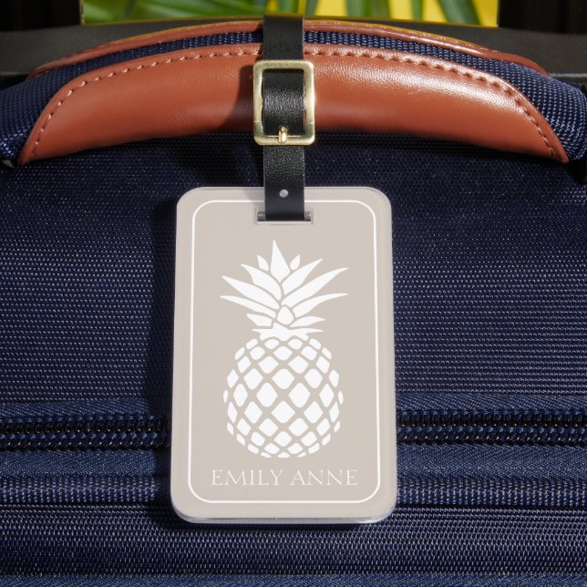 Preppy White Pineapple on Beige Luggage Tag (Front Insitu 2)