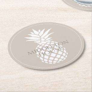 Preppy White Pineapple on Beige Personalized Round Paper Coaster