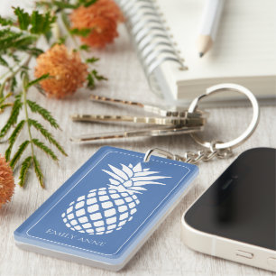 Preppy White Pineapple on Blue Key Ring