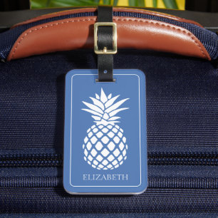 Preppy White Pineapple on Blue Luggage Tag