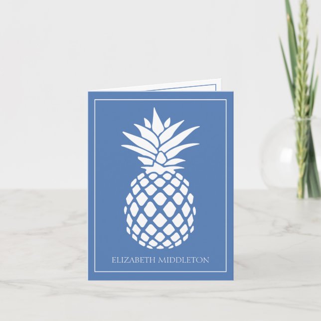 Preppy White Pineapple on Blue Note Card (Front)