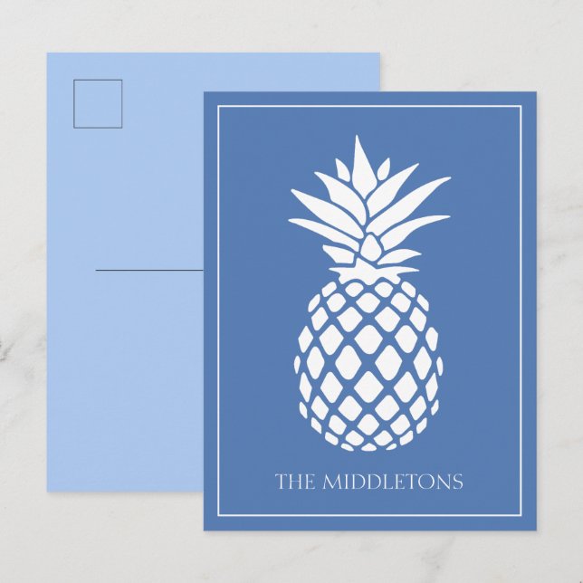 Preppy White Pineapple on Blue Postcard (Front/Back)