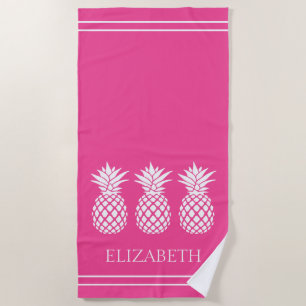 Preppy White Pineapple on Pink Beach Towel