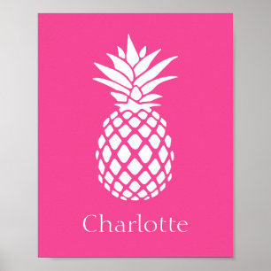 Preppy White Pineapple on Pink Poster