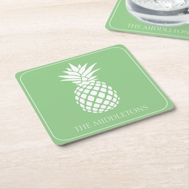 Preppy White Pineapple on Sage Green Square Paper Coaster (Angled)