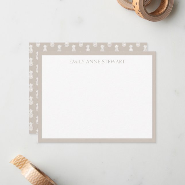 Preppy White Pineapples on Beige Card (Front/Back In Situ)
