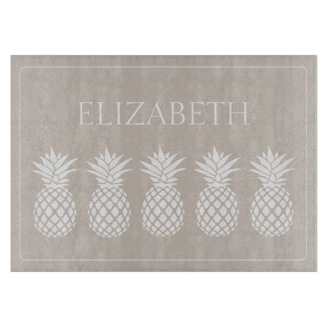 Preppy White Pineapples on Beige Personalised Cutting Board (Front)