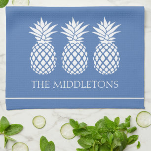 Preppy White Pineapples on Blue Tea Towel