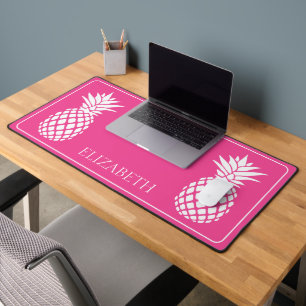 Preppy White Pineapples on Pink Desk Mat