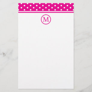 Preppy White Polka Dots on Bright Pink Monogram Stationery