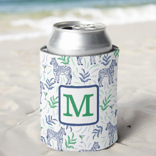 Preppy White Zebra Martinis Green Monogram Can Cooler