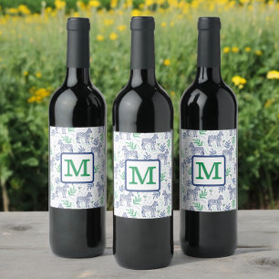 Preppy White Zebra Martinis Green Monogram  Wine Label